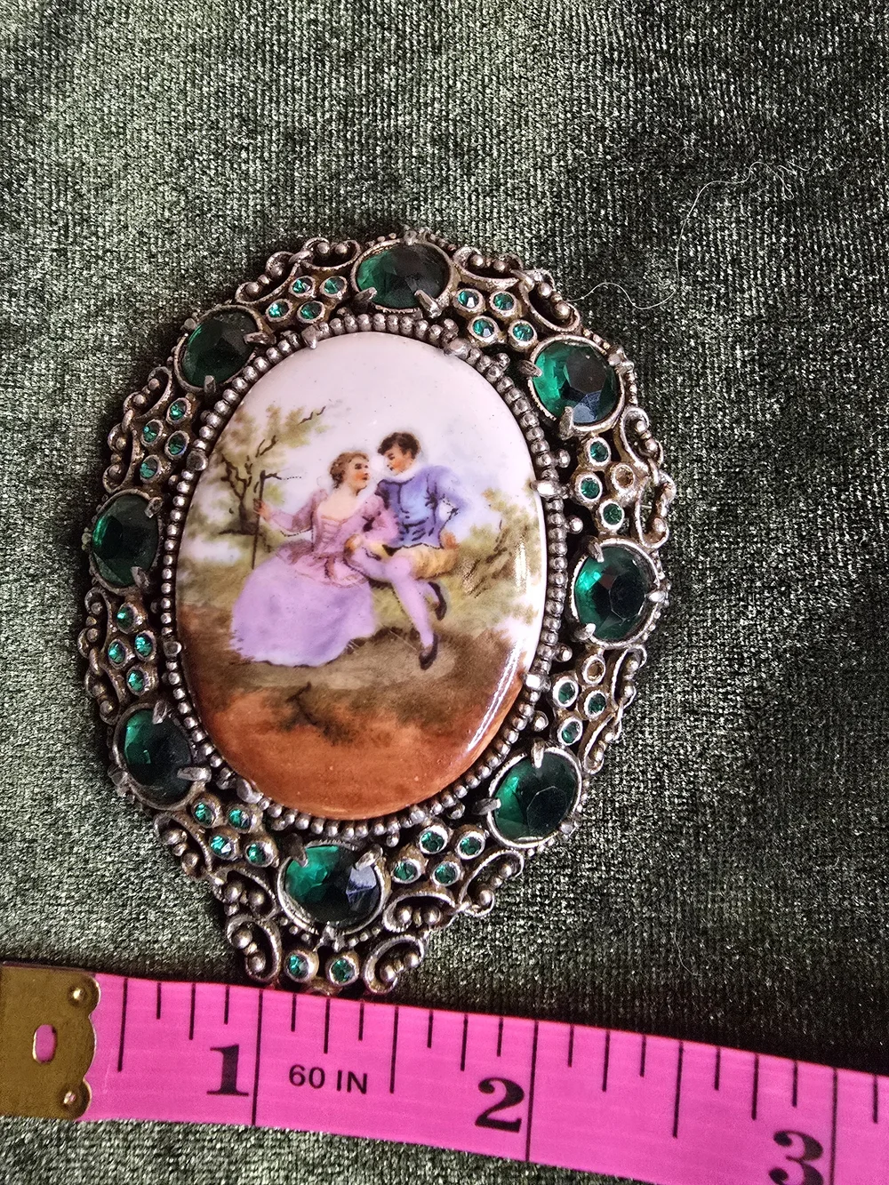 H Pomerantz Vintage Green Jeweled Oval Brooch with Romantic Porcelain Scene Rare